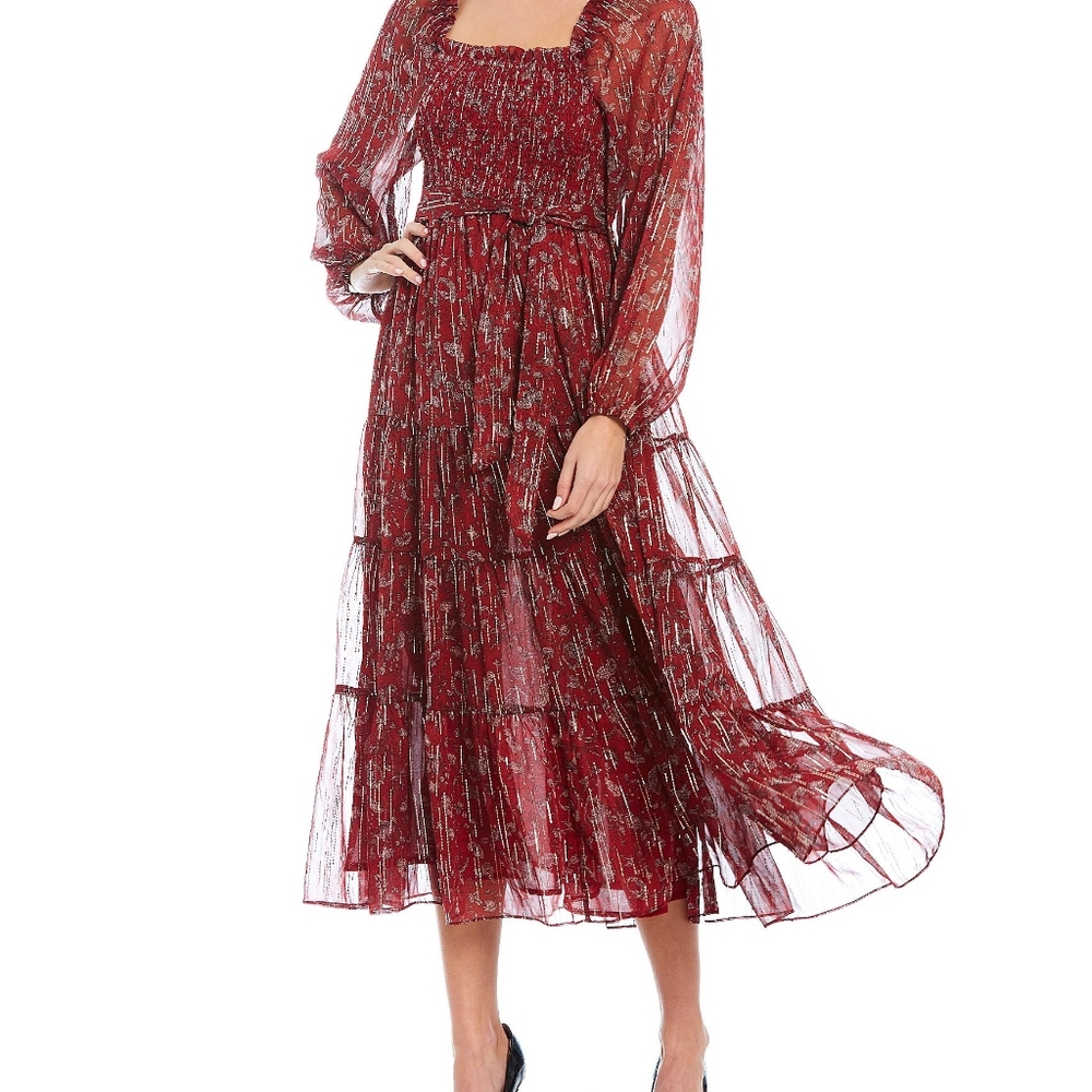 A Loves A Floral Printed Long Sleeve Square Neck Smocked Midi Dress in wine red